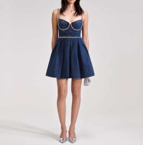 Self-Portrait Cotton Denim Slip Dress Diamante Backless Mini Dress for Women New