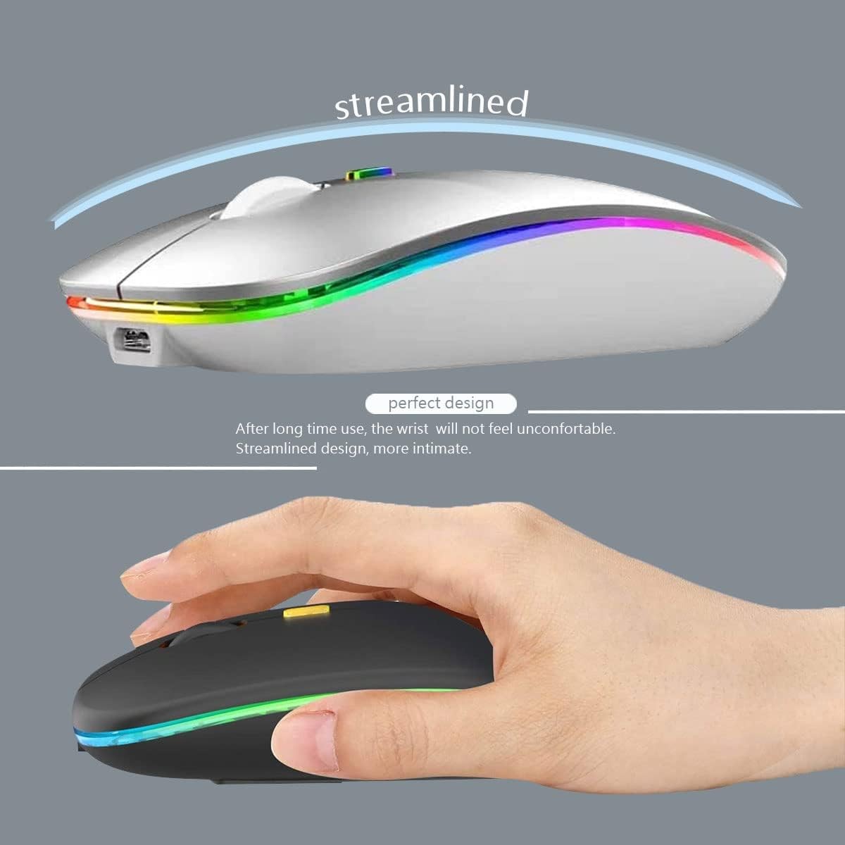 Wireless Bluetooth Mouse,LED Rechargeable Silent Slim Laptop Mouse,Portable(BT5.2+USB Receiver) Dual Mode Computer Mouse,for Apple Laptop,Desktop Computer,ipad Tablet,Phone,Mac.(Silver)
