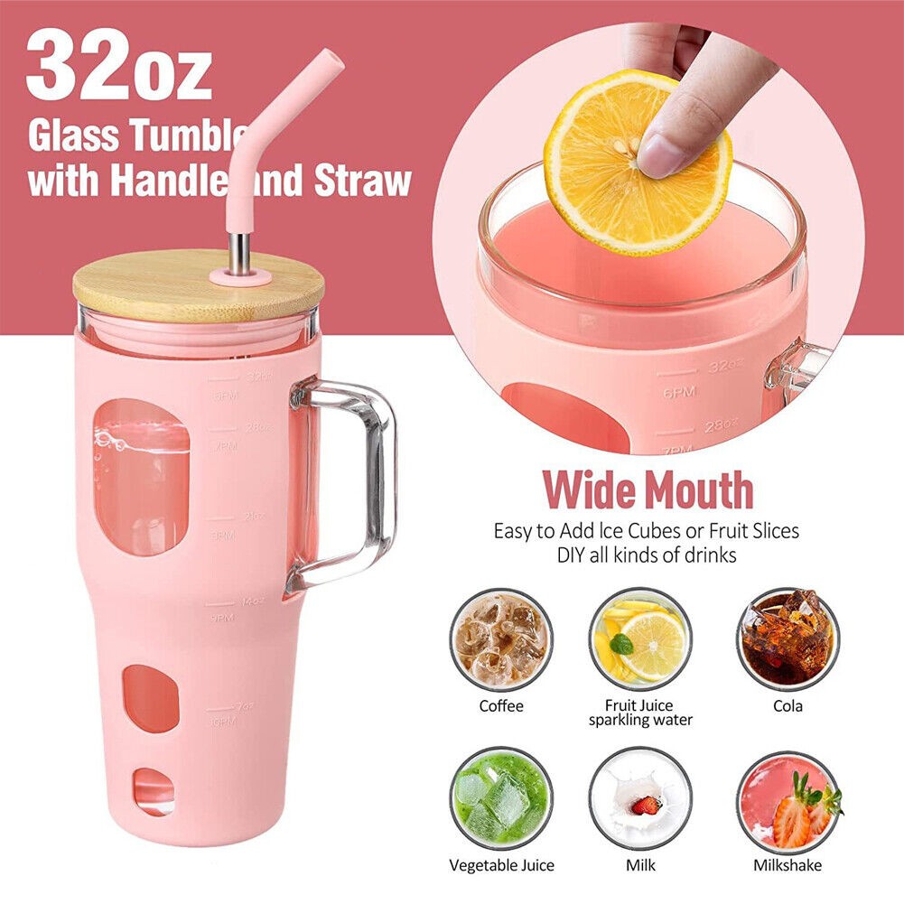 32oz With Straw Glass Tumbler Silicone Sleeve Bamboo Lid Reusable Drinking Mug